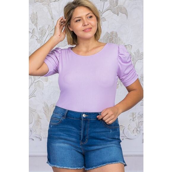 Plus Size Lavender Ribbed Ruched Sleeve Bodysuit - Picture 3 of 5